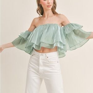 Women's Off-Shoulder Ruffle Top - Light Green